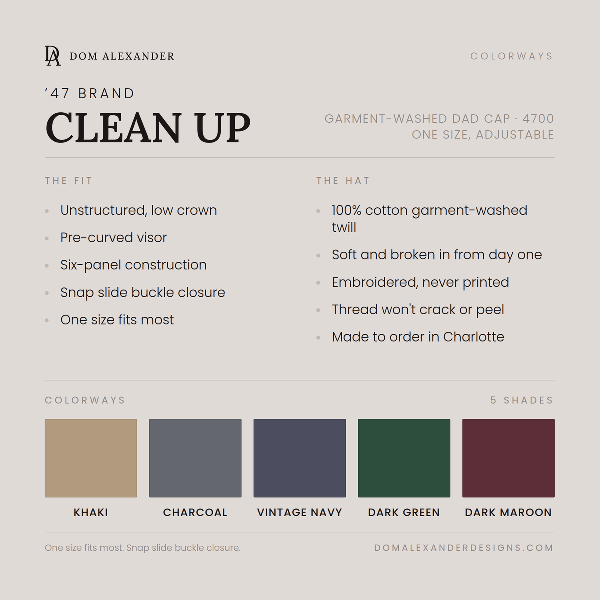 '47 Brand Clean Up dad hat color options: Khaki, Charcoal, Vintage Navy, Dark Green, Dark Maroon