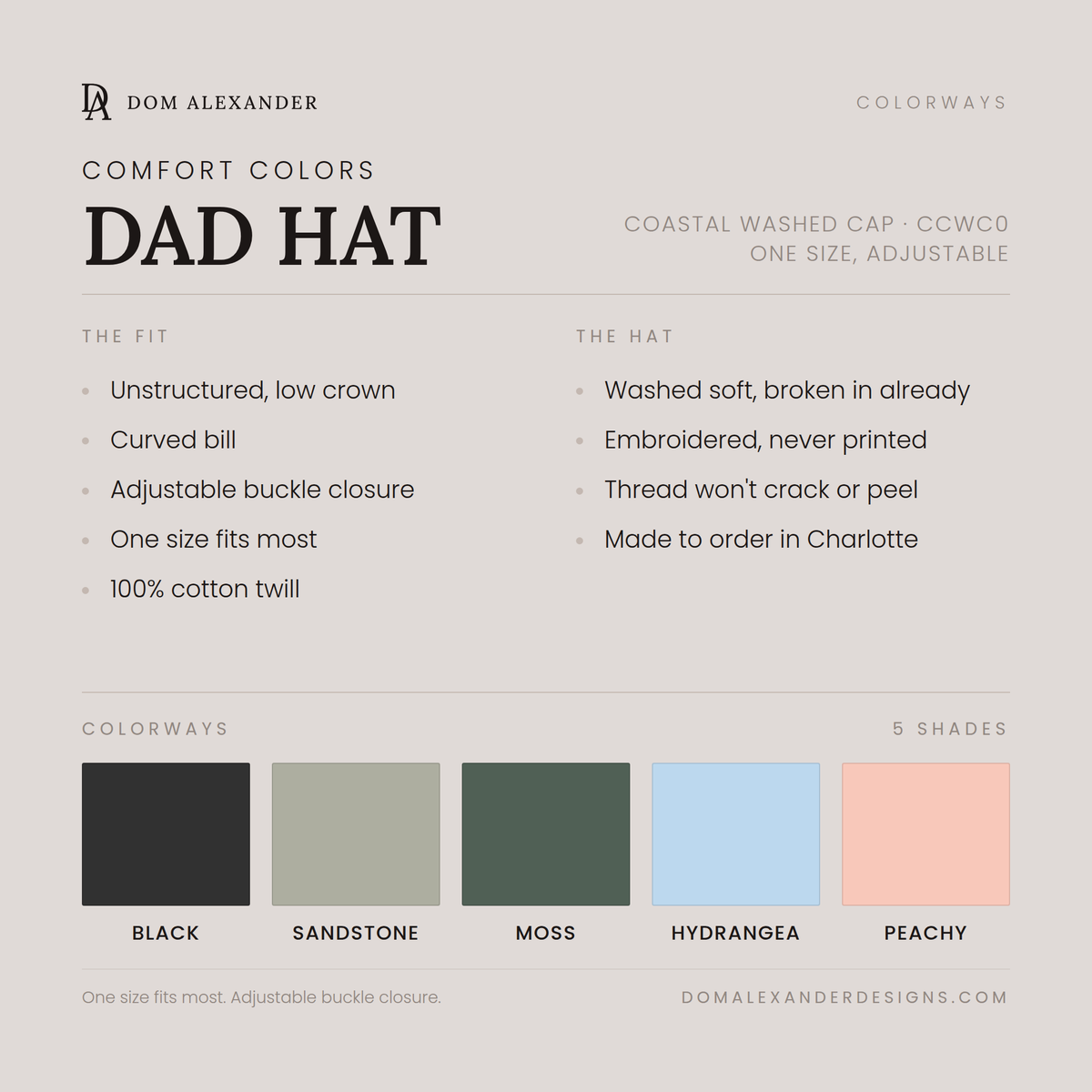 Comfort Colors dad hat color options: Black, Sandstone, Moss, Hydrangea, Peachy