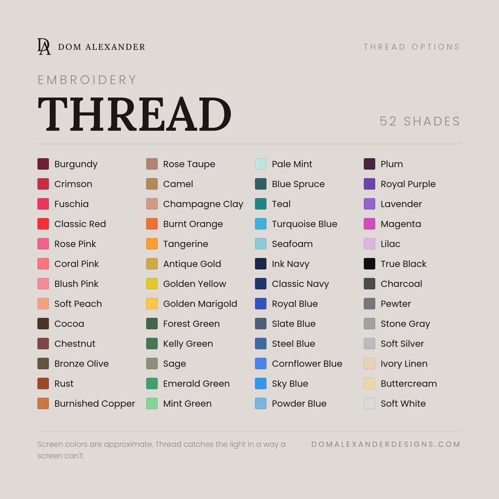 Embroidery thread color chart, 52 shades